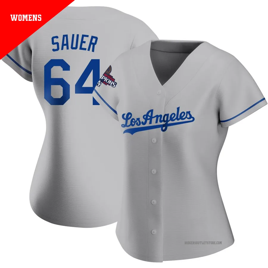 Los Angeles Dodgers ＃64 Matt Sauer Women's Gray Replica Road 2024 World Series Champions Jersey