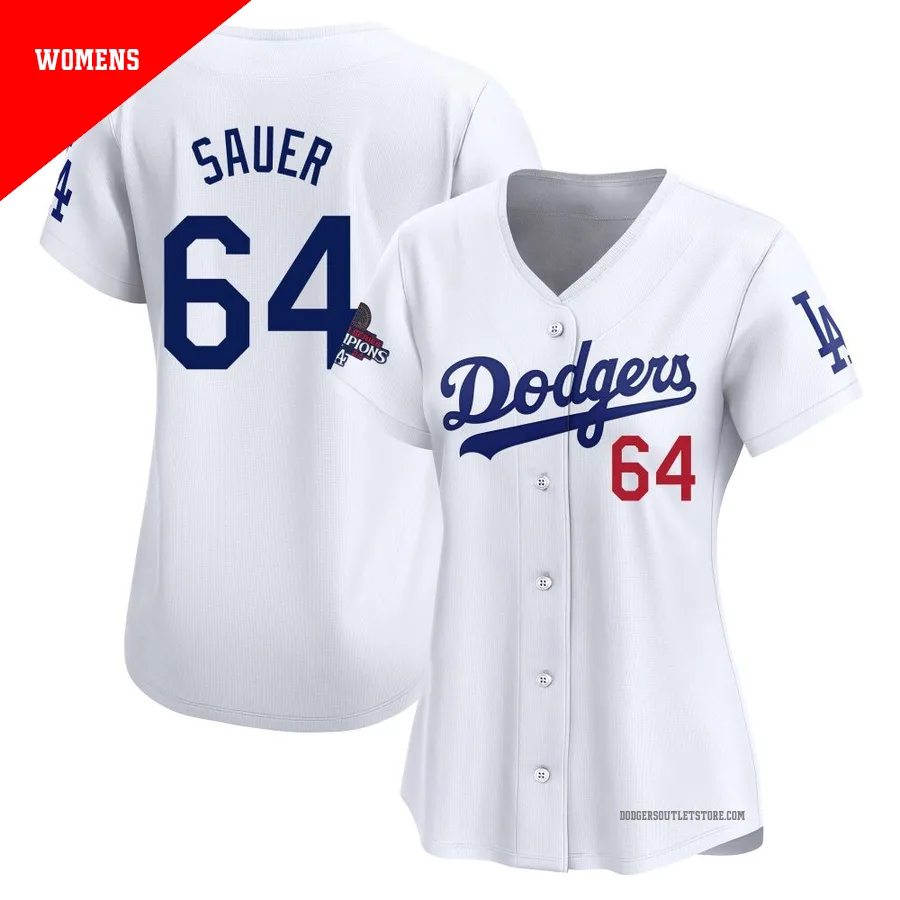 Los Angeles Dodgers ＃64 Matt Sauer Women's White Limited Home 2024 World Series Champions Jersey