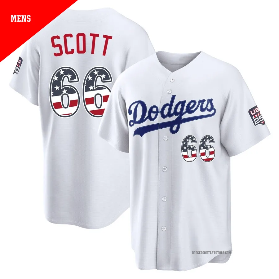 Los Angeles Dodgers ＃66 Tanner Scott Men's White Limited USA 250 Fourth Of July Home Stadium Jersey