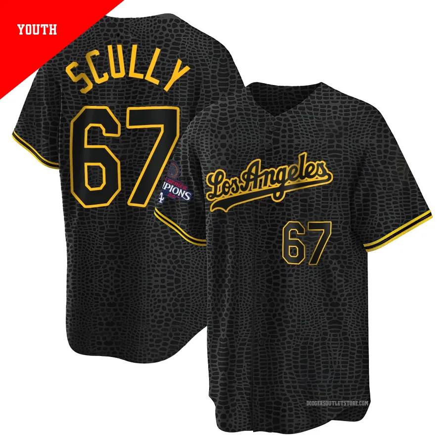 Los Angeles Dodgers ＃67 Vin Scully Youth Black Replica Snake Skin City 2024 World Series Champions Jersey