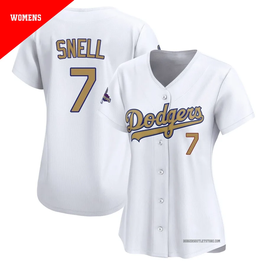 Los Angeles Dodgers ＃7 Blake Snell Women's Gold Limited White 2025 Collection Jersey
