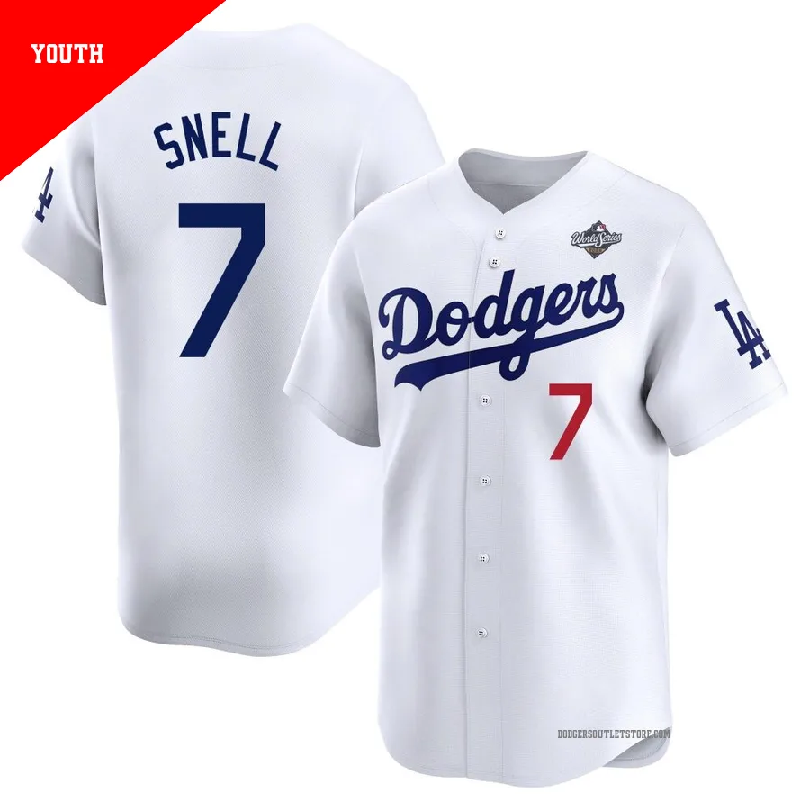 Los Angeles Dodgers ＃7 Blake Snell Youth White Limited Home 2025 World Series Jersey