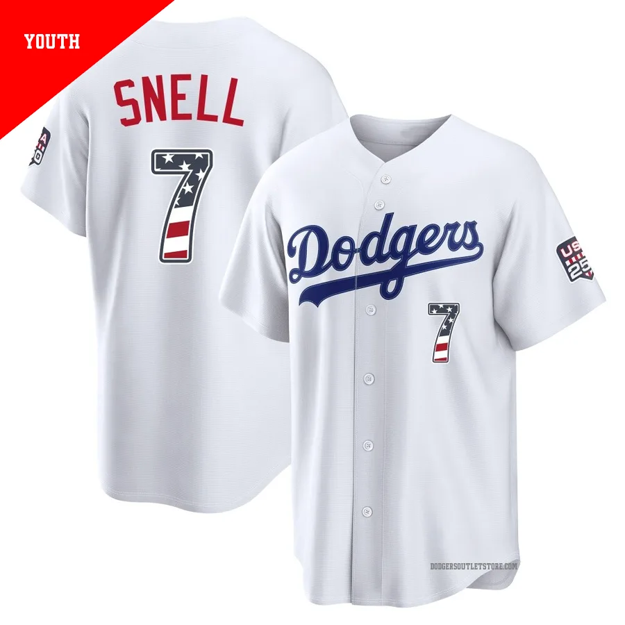 Los Angeles Dodgers ＃7 Blake Snell Youth White Limited USA 250 Fourth Of July Home Stadium Jersey