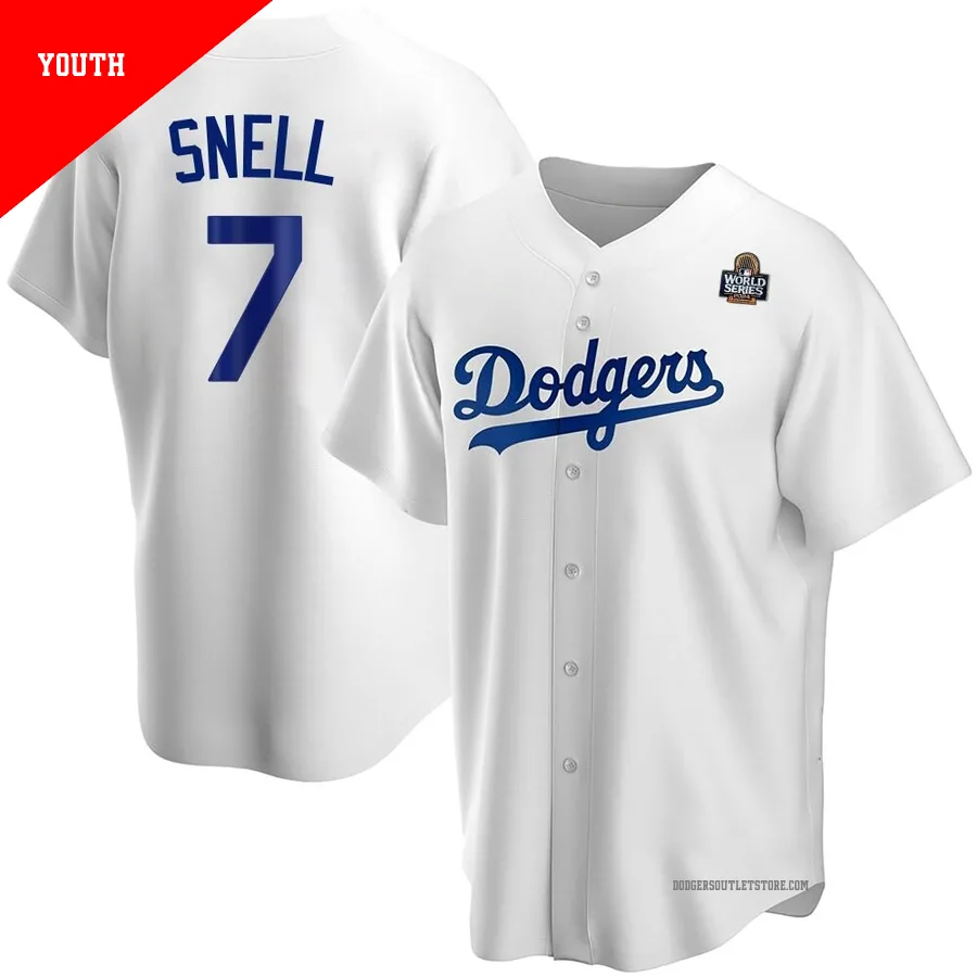 Los Angeles Dodgers ＃7 Blake Snell Youth White Replica Home 2024 World Series Jersey