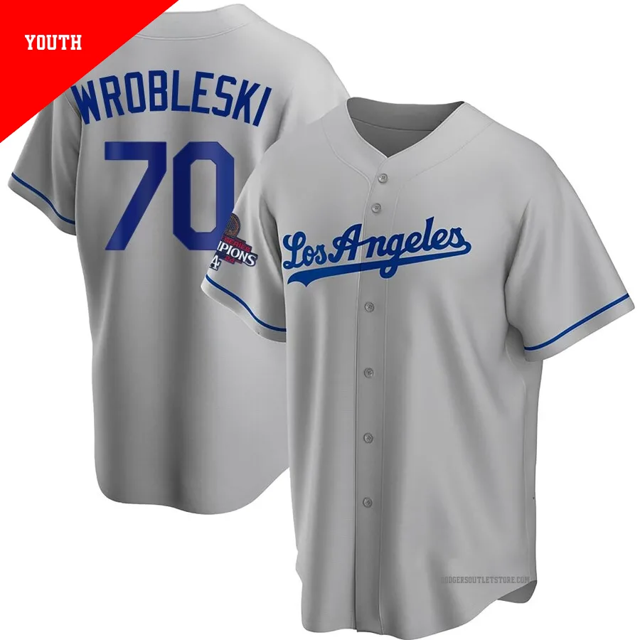 Los Angeles Dodgers ＃70 Justin Wrobleski Youth Gray Replica Road 2024 World Series Champions Jersey
