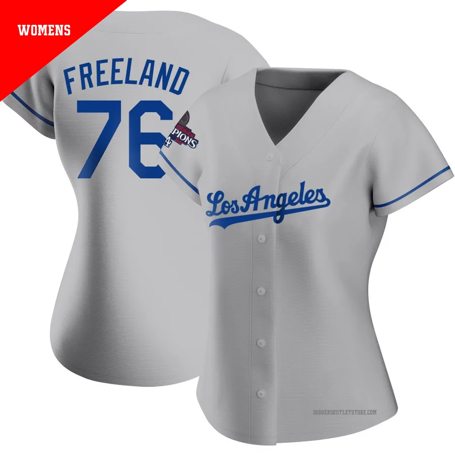 Los Angeles Dodgers ＃76 Alex Freeland Women's Gray Replica Road 2024 World Series Champions Jersey