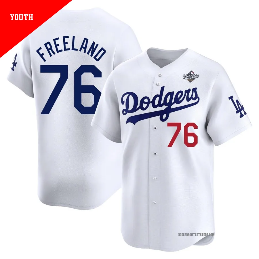Los Angeles Dodgers ＃76 Alex Freeland Youth White Limited Home 2025 World Series Jersey