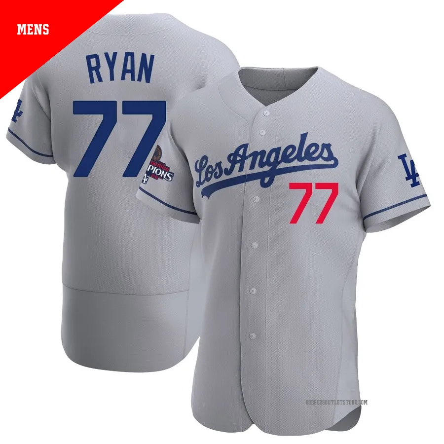 Los Angeles Dodgers ＃77 River Ryan Men's Gray Authentic Away Official 2024 World Series Champions Jersey