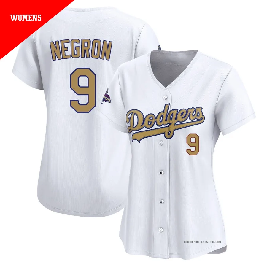 Los Angeles Dodgers ＃9 Kristopher Negron Women's Gold Limited White 2025 Collection Jersey