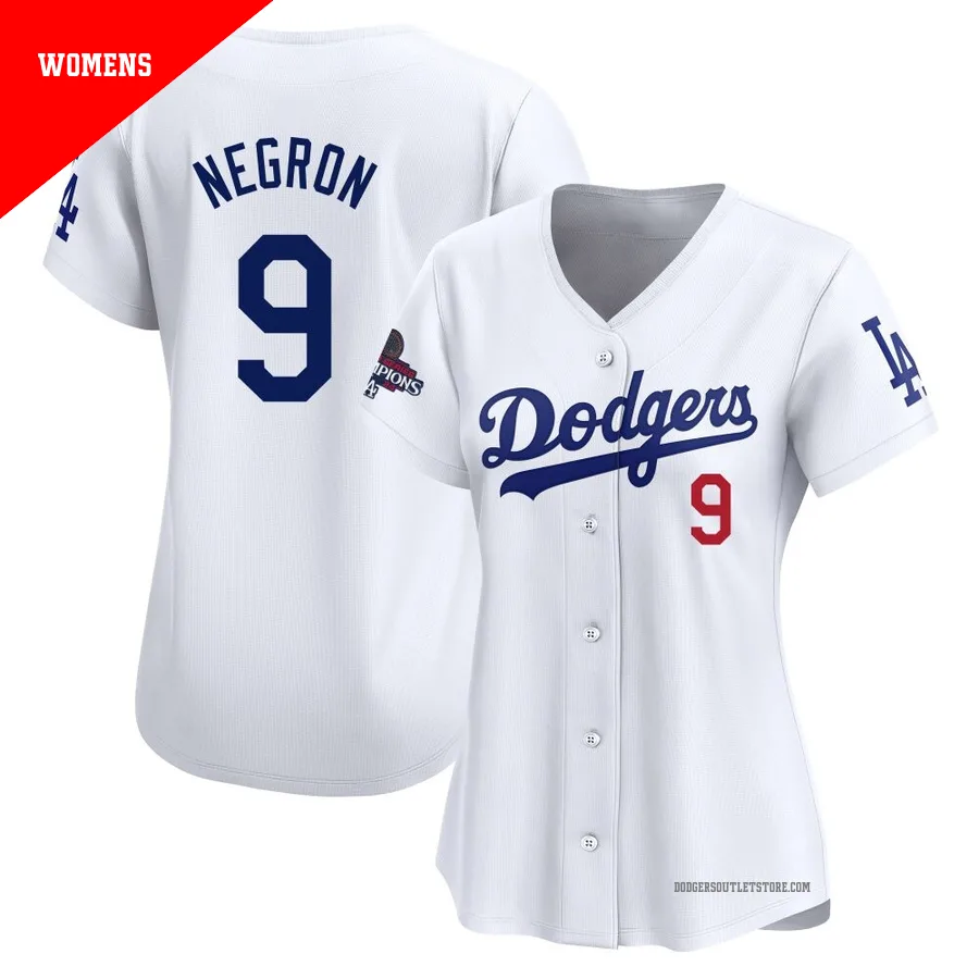 Los Angeles Dodgers ＃9 Kristopher Negron Women's White Limited Home 2024 World Series Champions Jersey