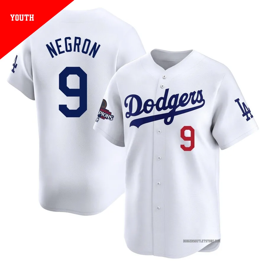 Los Angeles Dodgers ＃9 Kristopher Negron Youth White Limited Home 2024 World Series Champions Jersey