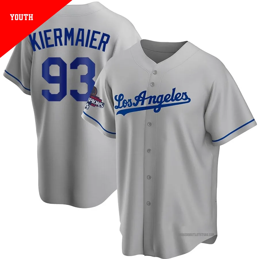 Los Angeles Dodgers ＃93 Kevin Kiermaier Youth Gray Replica Road 2024 World Series Champions Jersey