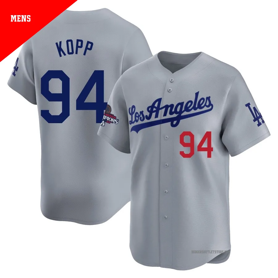 Los Angeles Dodgers ＃94 Ronan Kopp Men's Gray Limited Away World Series Champions Jersey