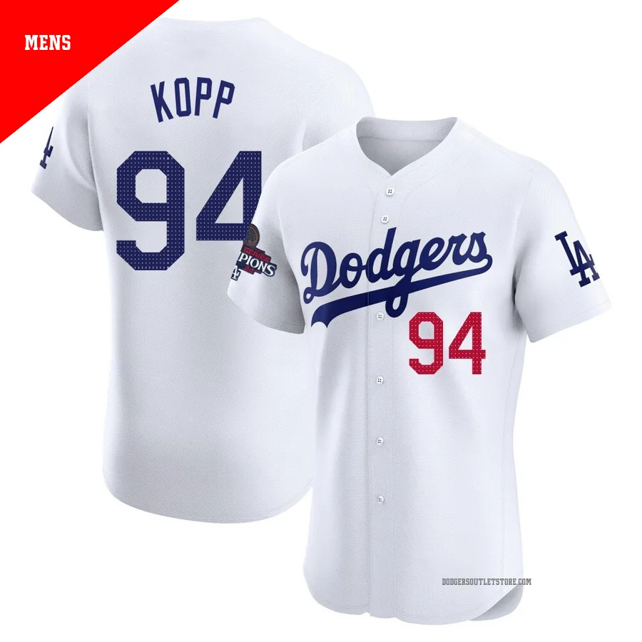 Los Angeles Dodgers ＃94 Ronan Kopp Men's White Elite Home World Series Champions Jersey