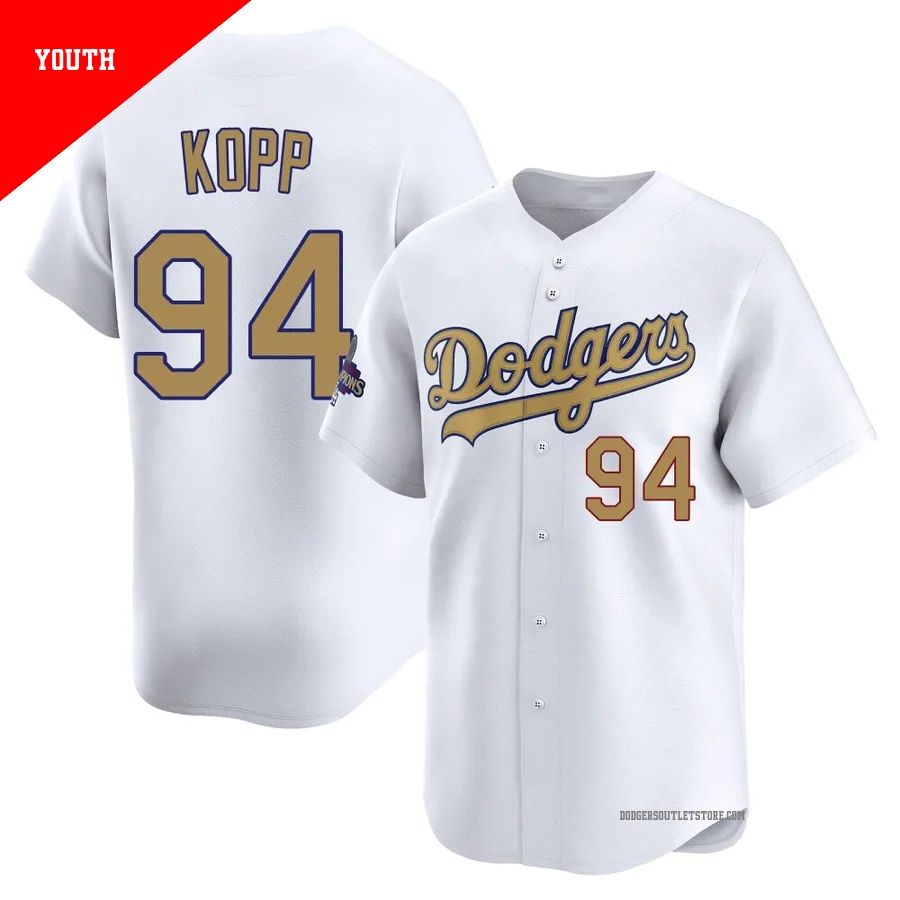 Los Angeles Dodgers ＃94 Ronan Kopp Youth Gold Limited White 2025 Collection Jersey