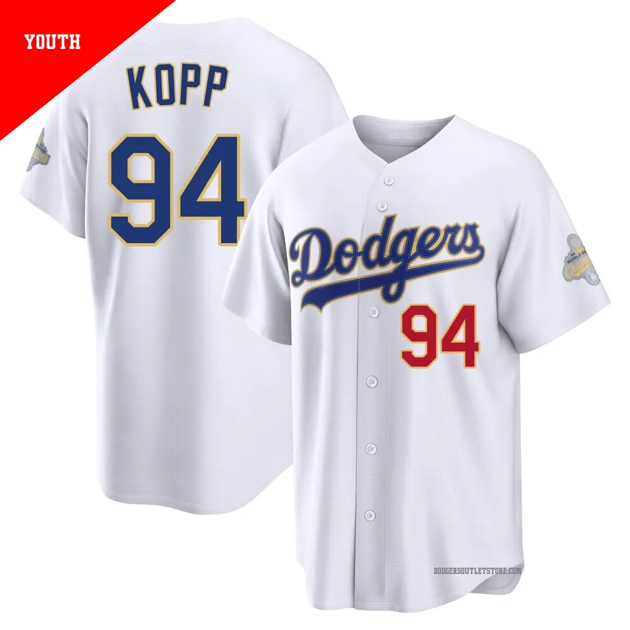 Los Angeles Dodgers ＃94 Ronan Kopp Youth Gold Limited White 2026 Collection Stadium Jersey