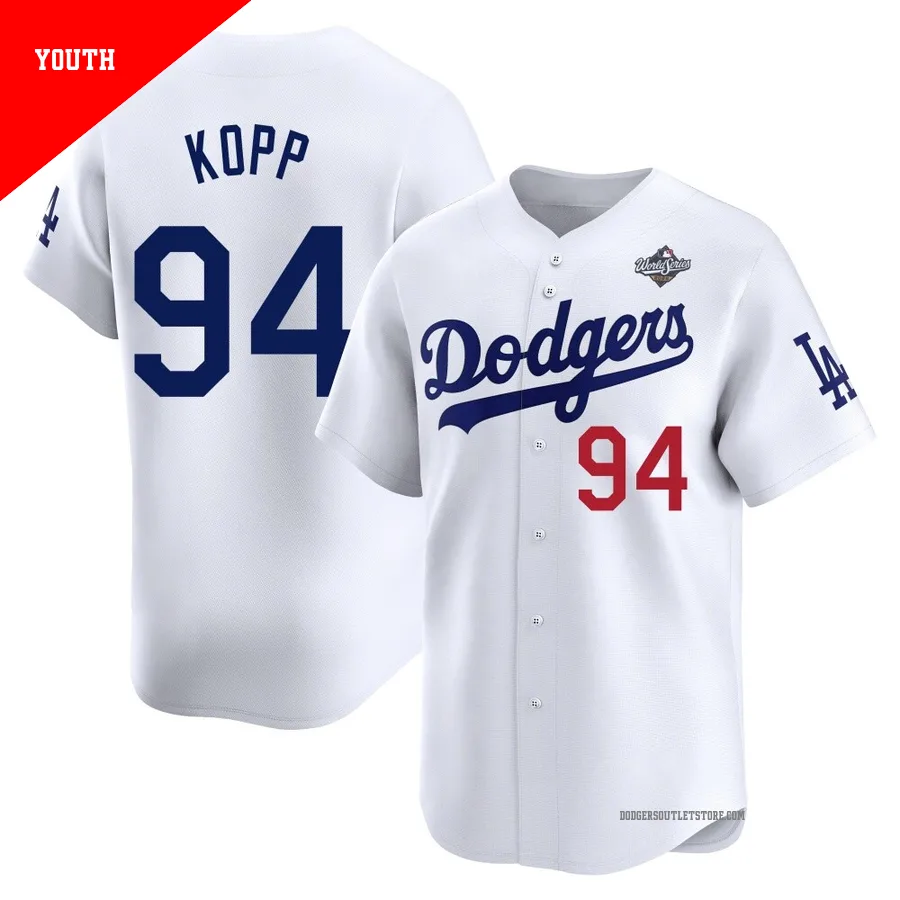 Los Angeles Dodgers ＃94 Ronan Kopp Youth White Limited Home 2025 World Series Jersey